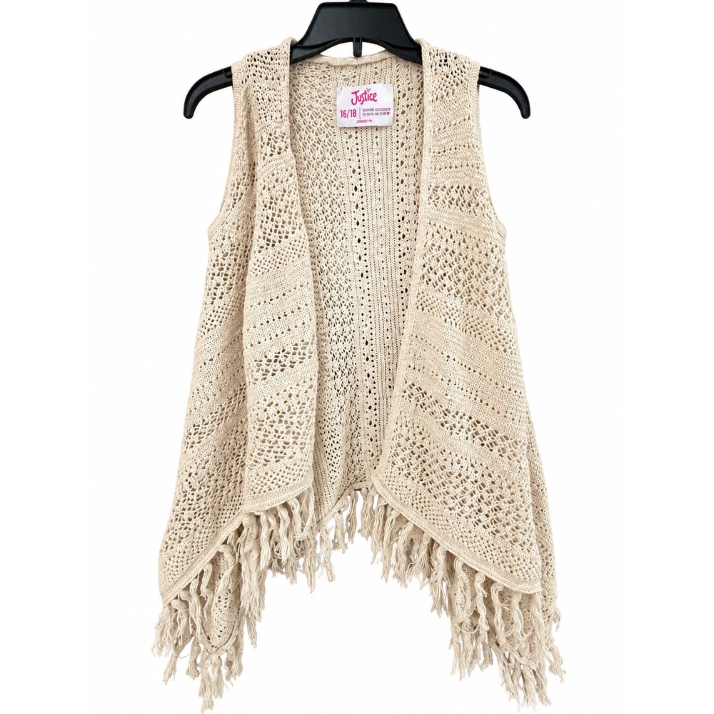 Justice Girls Cream Crochet Knit Fringe Vest Size 16/18 Boho Open Front Layering